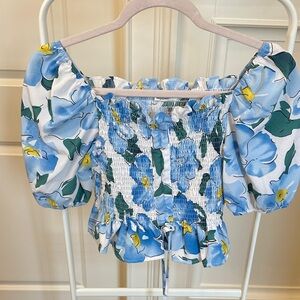 Blue Floral Smocked Blouse